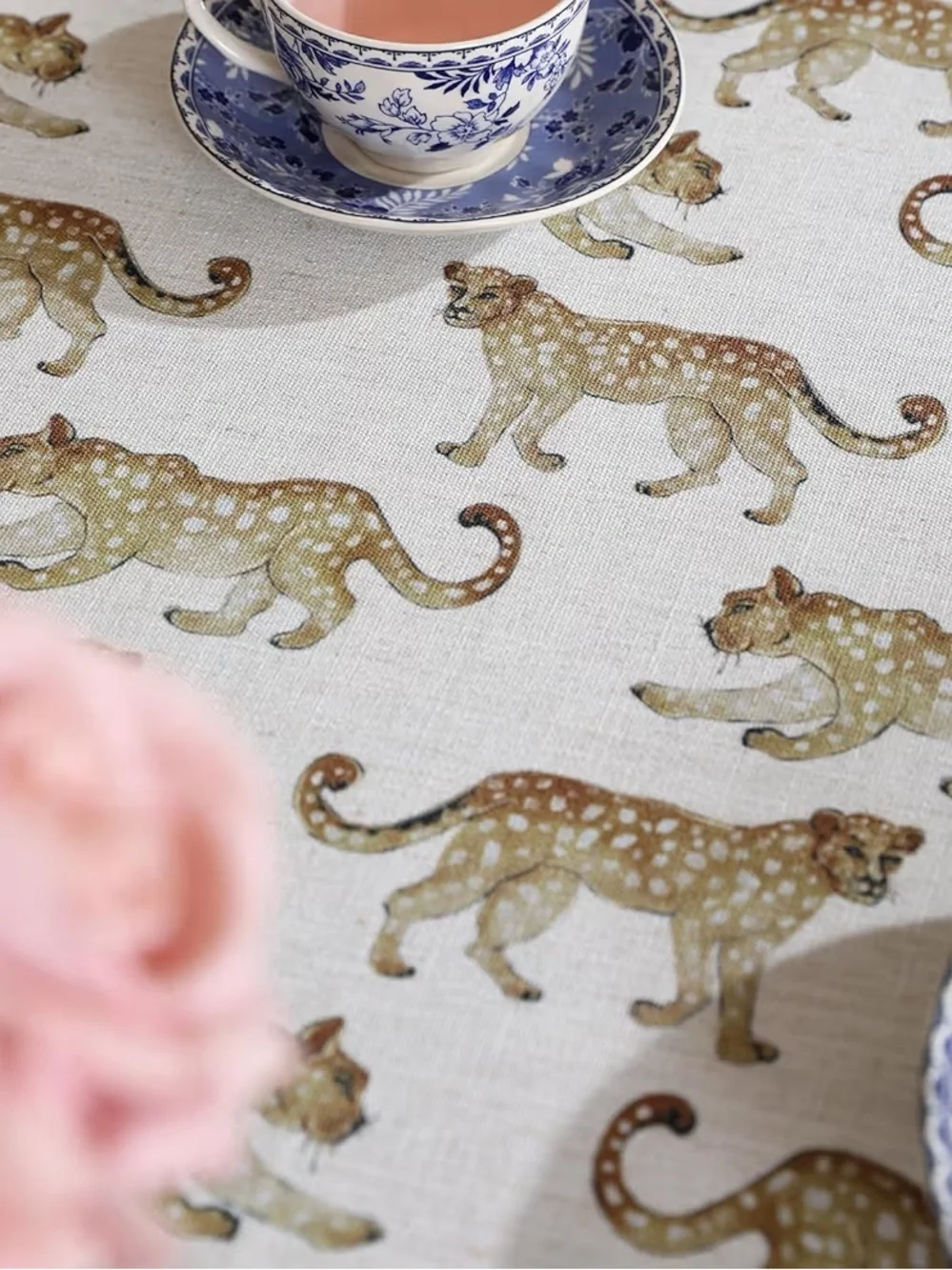 Patdrea Leopard Linen Round Tablecloth 67” Animal Print Dining Cover NWT